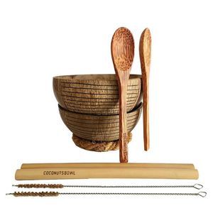 Carved Coconut bowls, Spoons And Straw Set